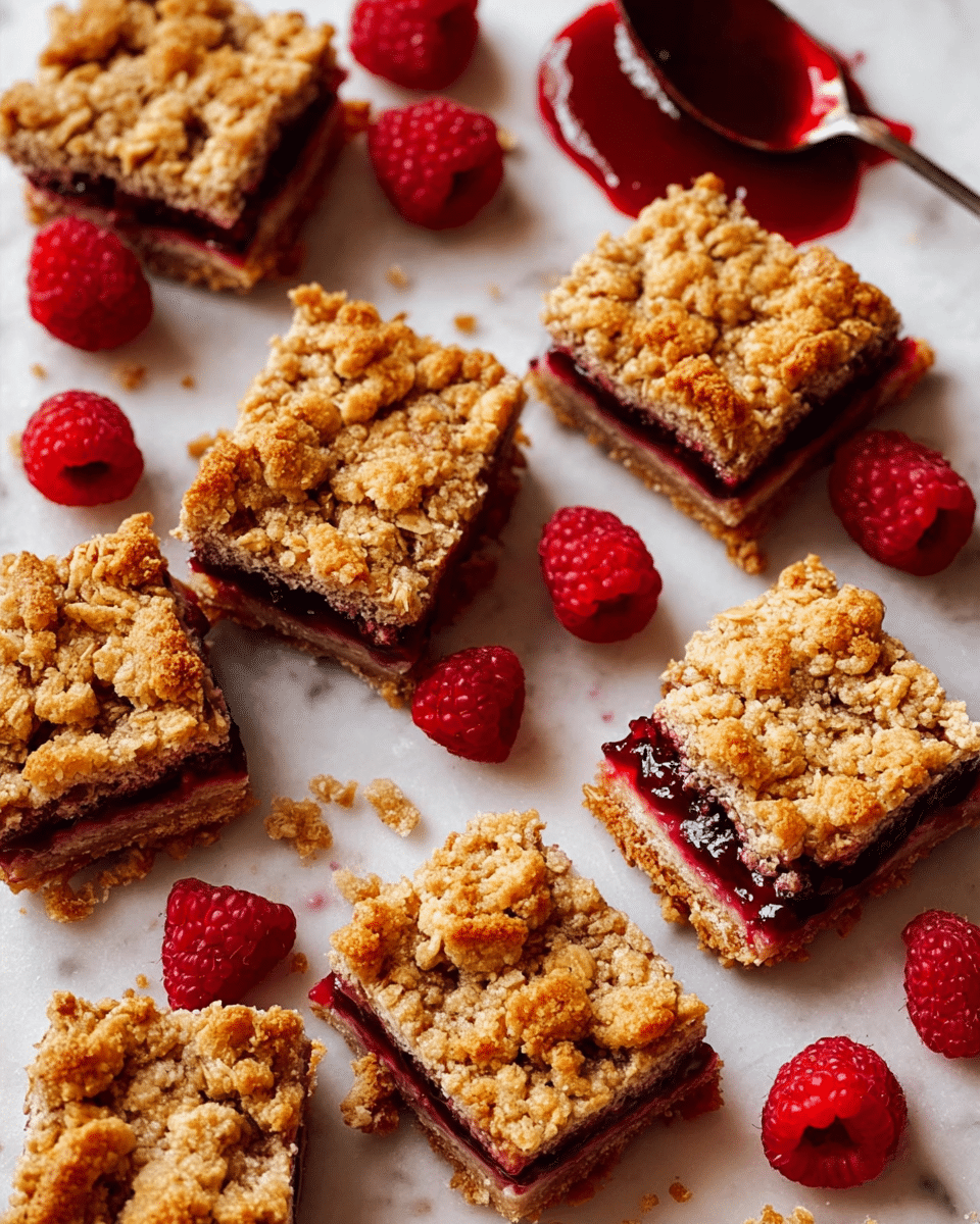 The image shows several square oat bars with three visible layers: a golden-brown crumbly oat crust on the top and bottom, and a thick, glossy, deep red jam layer in the middle. The bars are scattered on a white marbled surface with some fresh bright red raspberries placed around and on top of the oat bars. There is also a small pool of red jam with a spoon in it near the top right corner. The texture of the oat crumb looks rough and crunchy, while the jam looks smooth and shiny. photo taken with an iphone --ar 4:5 --v 7