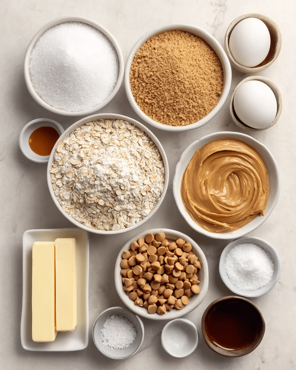 The image shows several white bowls and plates arranged on a white marbled surface, each holding different baking ingredients. Starting from the top left, there is a bowl filled with white granulated sugar, next to it is a bowl with light brown sugar. Below the sugars, there are two solid sticks of pale yellow butter placed horizontally side by side. To the left of the butter, there is a large bowl filled with white flour and below it, a bowl containing oats with a rough texture. In the middle center is a bowl with smooth, light brown peanut butter. Below that is a white bowl filled with small, round, caramel-colored butterscotch chips. To the right of the peanut butter, there are two white eggs and small bowls that hold a dark brown liquid, fine salt, and white baking powder. In the bottom right corner, a small dark brown bowl holds flaky salt. All the ingredients are neatly arranged in layers, showing different textures and shades of white, brown, and yellow. photo taken with an iphone --ar 4:5 --v 7