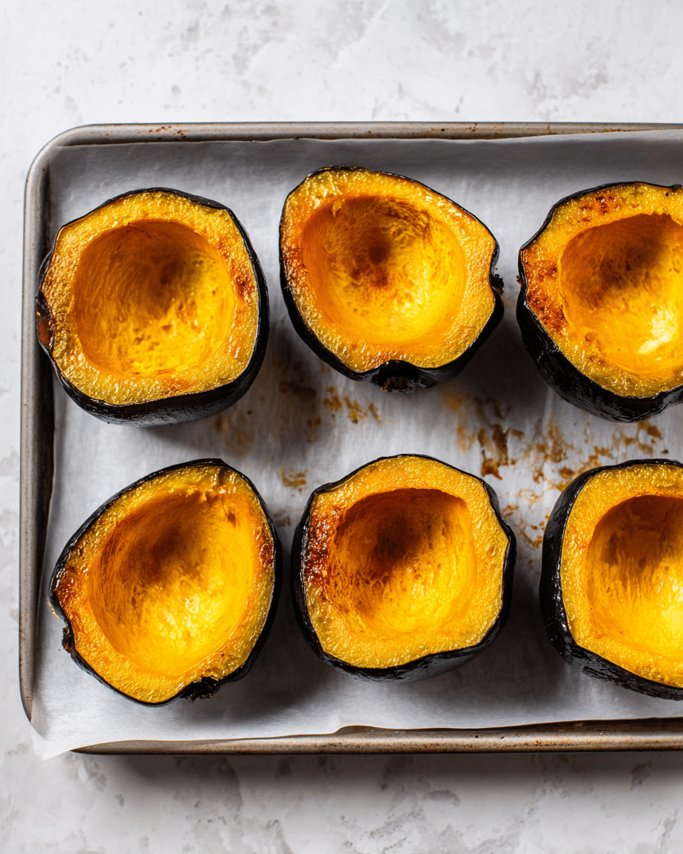 The image shows six halves of roasted acorn squash placed on a baking tray lined with white parchment paper, arranged in two rows of three. Each squash half has dark green, almost black outer skin with a rough texture, and bright orange-yellow soft flesh inside that looks smooth and slightly shiny from roasting. The hollows of the squash are hollowed out cleanly, with subtle caramelized edges. The baking tray sits on a white marbled surface with some small brown specks and bits of roast marks around the squashes. Photo taken with an iphone --ar 4:5 --v 7