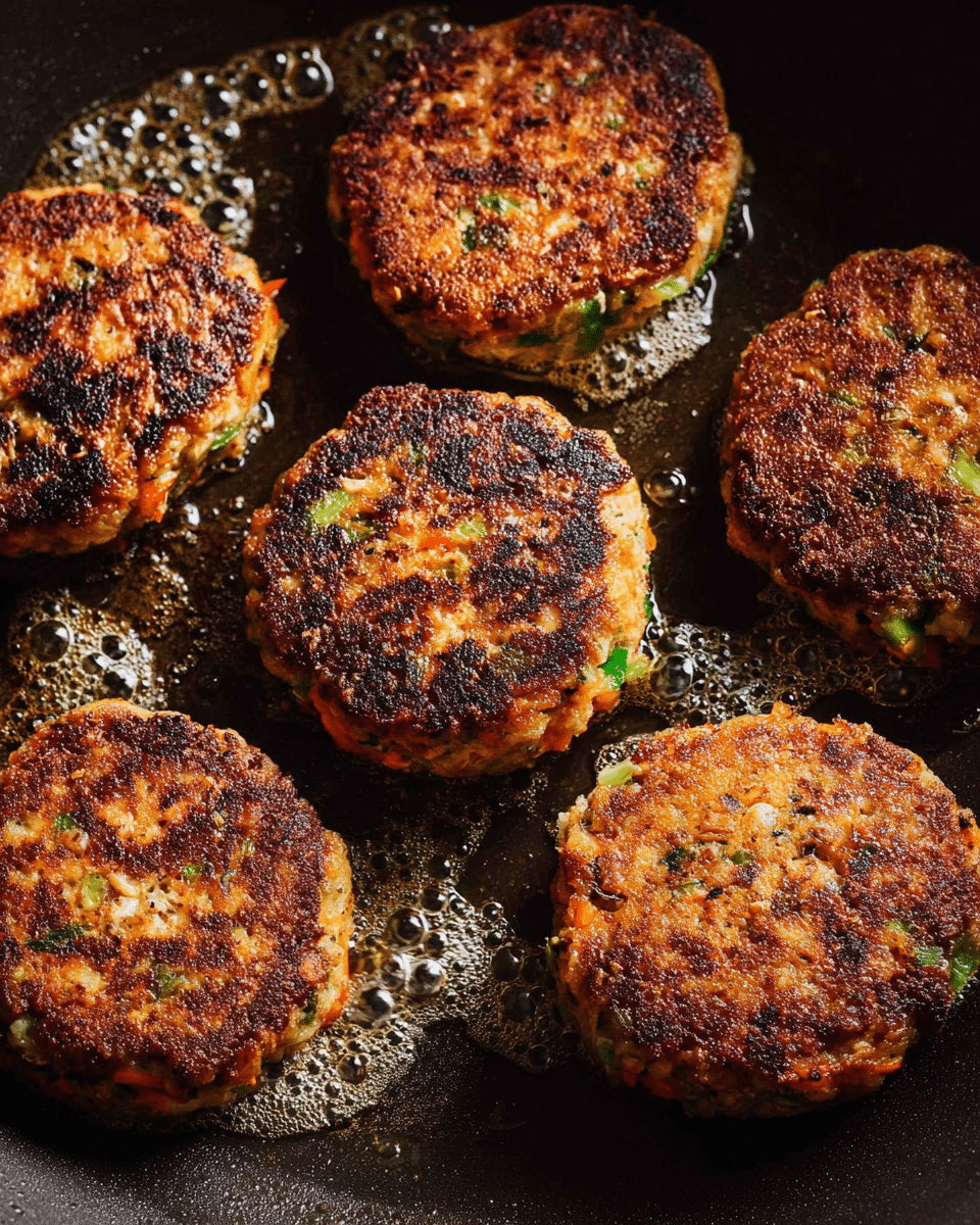 The image shows six round patties cooking in a pan. Each patty has a browned and slightly crispy outer layer with a rough texture, showing bits of green and orange vegetables inside. The patties appear thick and evenly shaped with a mix of darker and lighter brown areas from cooking. The pan surface is dark with some small bubbles of oil around the patties. The overall look is warm and rustic, focusing on the golden and charred colors of the cooked food. photo taken with an iphone --ar 4:5 --v 7
