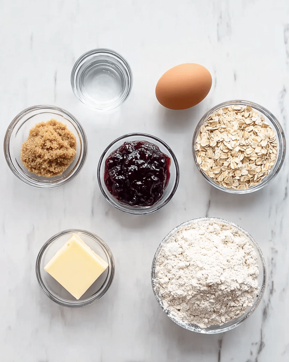 The image shows six small clear glass bowls and one whole brown egg arranged on a white marbled surface. Each bowl contains a different ingredient: light brown soft sugar in the bottom left, a pale yellow square of butter in the middle bottom, dark purple jam in the center, white flour on the right, and light beige rolled oats at the top right. Two small bowls with clear liquid, one slightly larger than the other, are at the top left. The ingredients are evenly spaced, forming a loose circle. Photo taken with an iphone --ar 4:5 --v 7