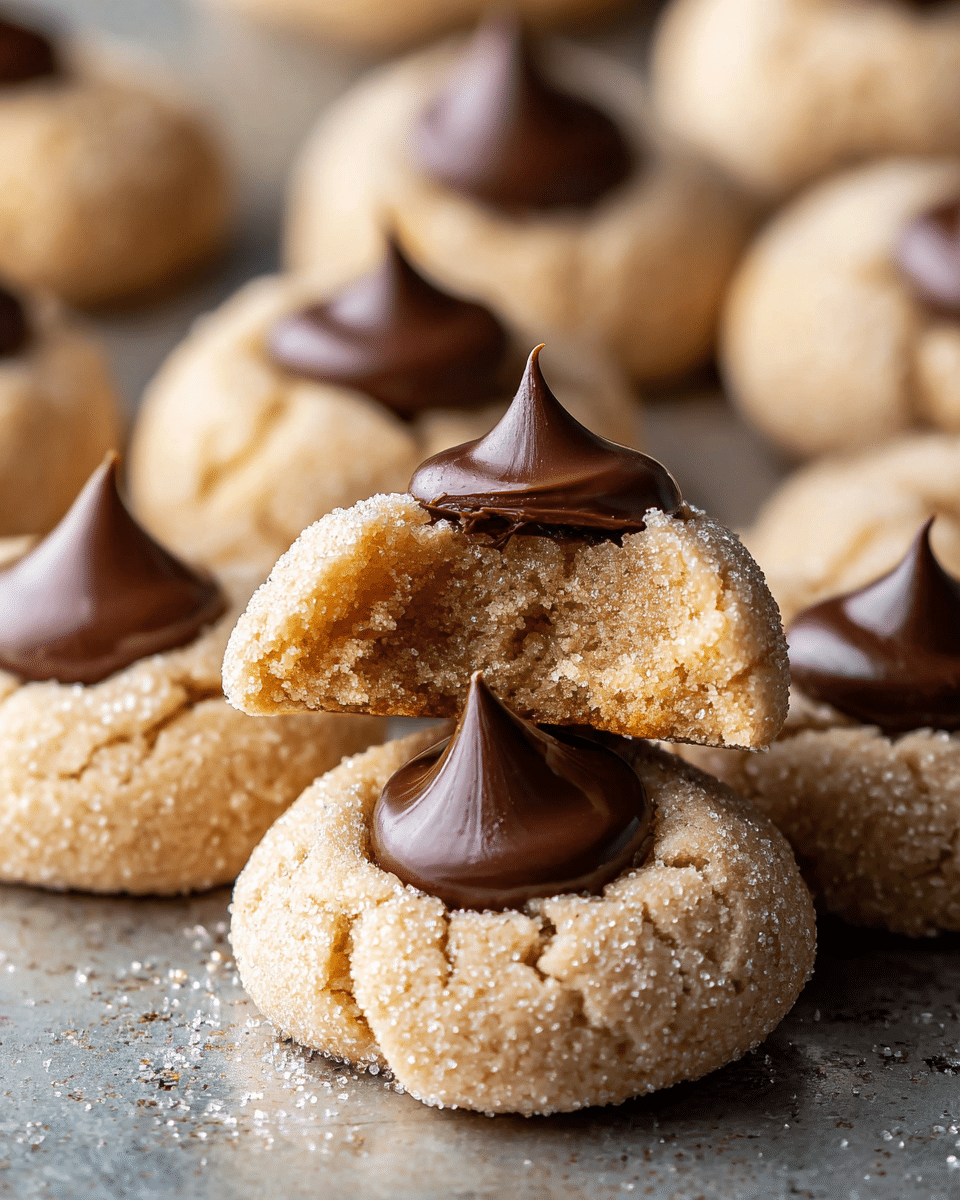 The image shows round, light brown cookies with a cracked sugar-coated texture on the outside. Each cookie has a small dark brown, smooth dollop of chocolate in the center, shaped like a small peak. One cookie is broken in half, showing a soft, crumbly inside and the chocolate dollop continuing into its center. The cookies are arranged on a scratched metal surface that contrasts their soft texture. The focus is on the front cookies, with the others blurred in the background. photo taken with an iphone --ar 4:5 --v 7