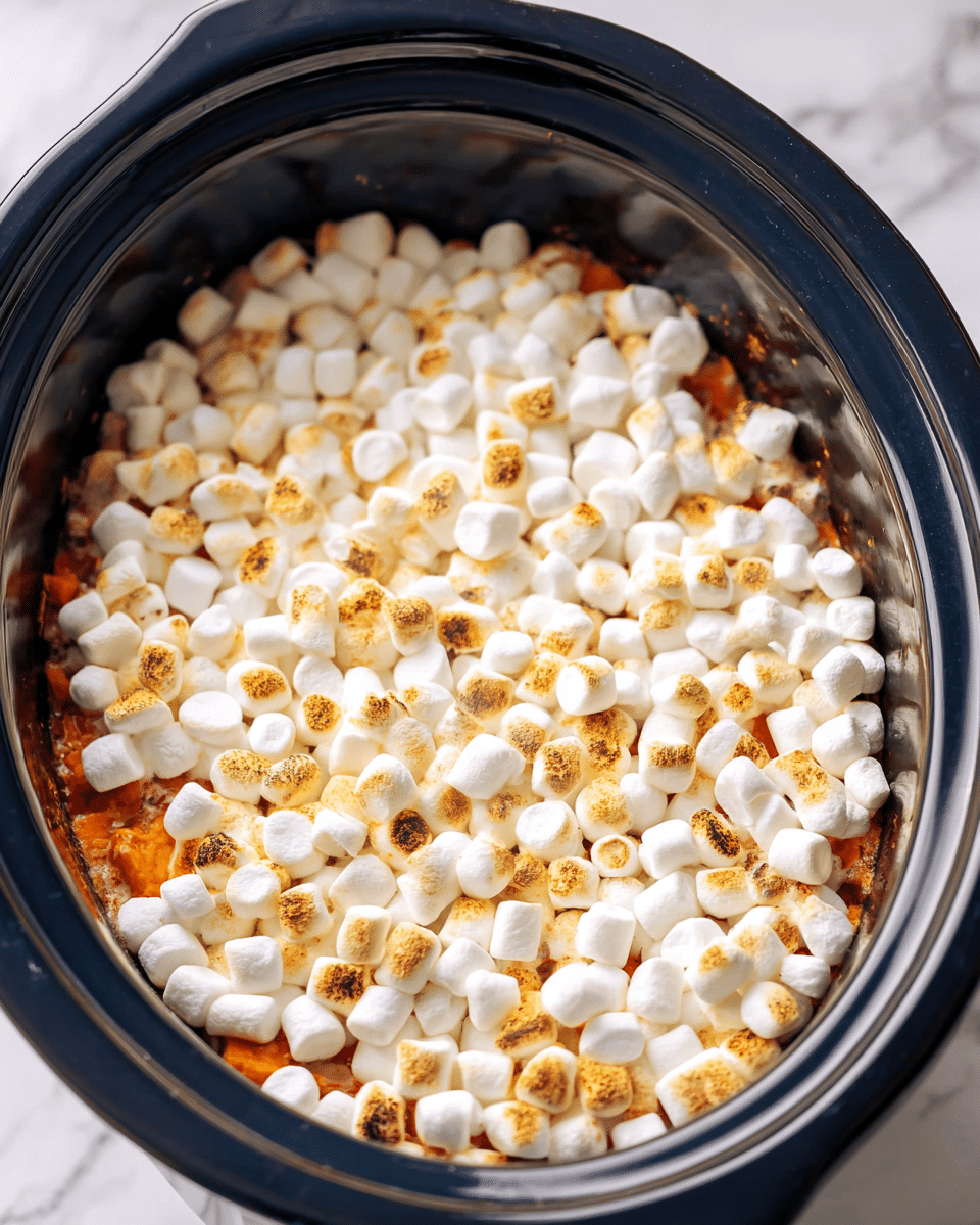 This close-up image shows a slow cooker filled with a dish that has two main layers. The top layer is a thick, even spread of small white marshmallows with a toasted texture, some browned and golden spots scattered all over. Beneath the marshmallows, there is an orange layer peeking through in a few spots, likely cooked sweet potatoes or a similar ingredient. The slow cooker has a dark inside with a black rim, sitting on a white marbled surface. Photo taken with an iphone --ar 4:5 --v 7