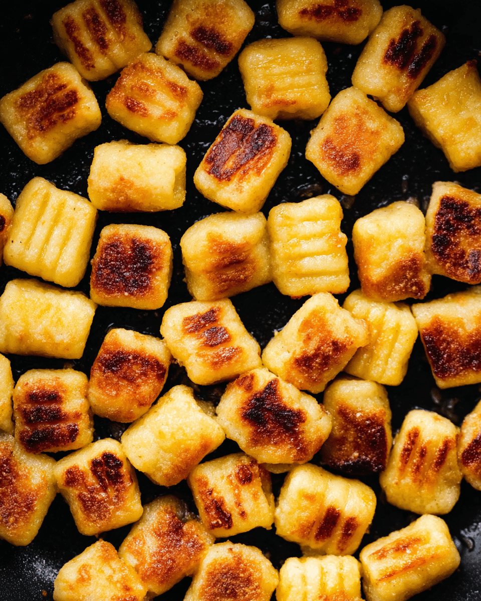 This image shows many small, golden-yellow gnocchi pieces cooked in a pan. Each gnocchi piece is roughly square-shaped with a slightly uneven surface, some having light stripes or ridges. The gnocchi have a toasted look, with darker, browned patches on their tops and sides. They are spread out closely on a black cooking pan, filling most of the space. The texture looks crispy on the outside and soft inside. The background is not visible as the gnocchi cover the pan completely. Photo taken with an iphone --ar 4:5 --v 7