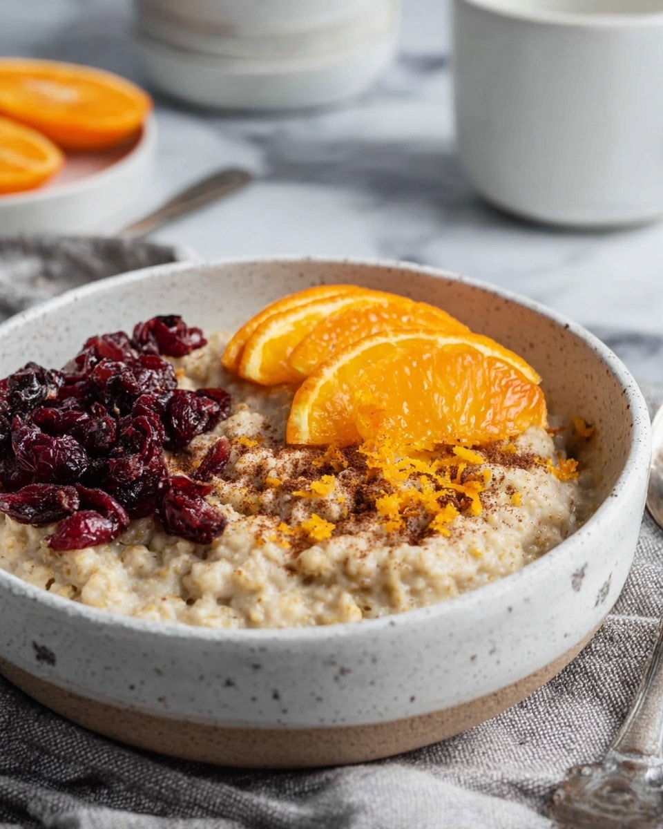The image shows a bowl with three visible layers: the bottom layer is a creamy cooked grain with a light beige color and soft texture, filling most of the white speckled bowl; on the top left part of this grain layer, there is a cluster of dark red dried cranberries; on the top right, bright orange slices are stacked, with a sprinkle of orange zest and a light dusting of brown spice on the grain near them. The bowl sits on a light gray cloth over a white marbled surface, with part of a spoon visible to the left and blurred white bowls and orange slices in the background. Photo taken with an iphone --ar 4:5 --v 7