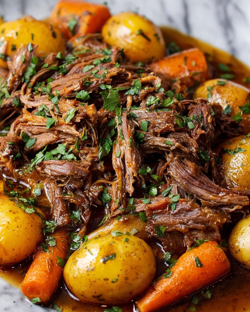 The image shows a dish with shredded brown meat layered on top of small, round yellow potatoes and large orange carrot pieces, all covered in a glossy brown sauce. The meat is tender and stringy, mixed with chopped green herbs sprinkled all over. The vegetables look soft and cooked through, sitting in the sauce that pools around them. There are also some small herb leaves scattered on top for extra color and freshness. The whole dish is placed on a white marbled surface. photo taken with an iphone --ar 4:5 --v 7