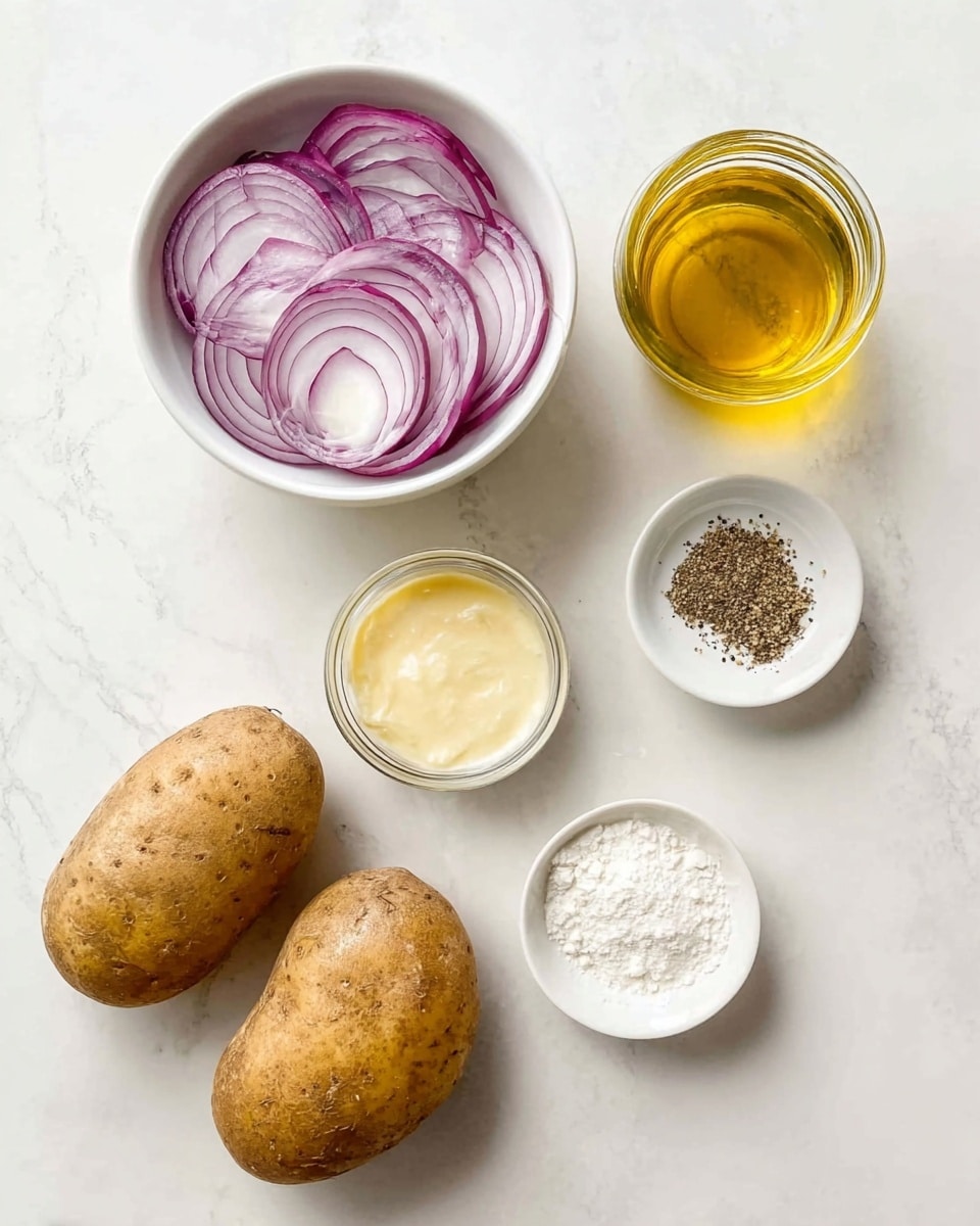 The image shows a top view of cooking ingredients arranged on a white marbled surface. In a white bowl at the top left, there are several thin slices of purple onion. To the right, there is a clear glass jar filled with a golden yellow liquid, and below it, a smaller clear jar with a creamy pale yellow sauce. Below the jars, on the right, there is a small white dish holding a mix of black pepper and white salt. At the bottom right, another small white dish contains a white powdery substance, likely flour. On the left side, there are two whole brown potatoes with a rough skin. The setup is simple and organized. Photo taken with an iphone --ar 4:5 --v 7