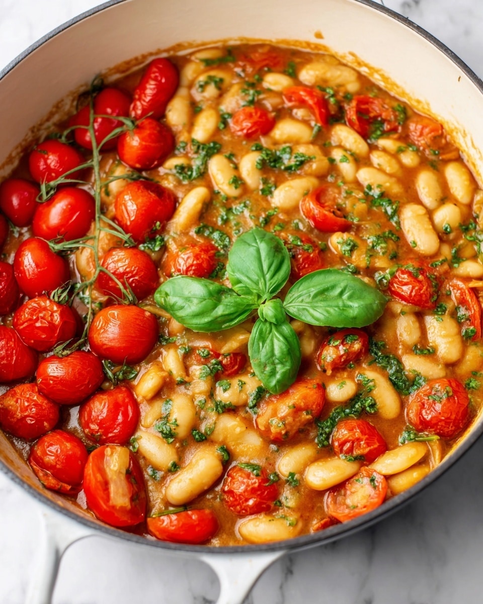 A close-up view of a large white pan filled with a stew made of big, light beige beans mixed with bright red cherry tomatoes, some whole on the vine on the left side, and some cut in half, scattered throughout. The beans are coated with a thick, slightly shiny sauce which is orange-brown with green herb sauce drizzled on top. Two fresh basil leaves, dark green and shiny, sit in the center on top of the stew. The pan rests on a white marbled surface. photo taken with an iphone --ar 4:5 --v 7
