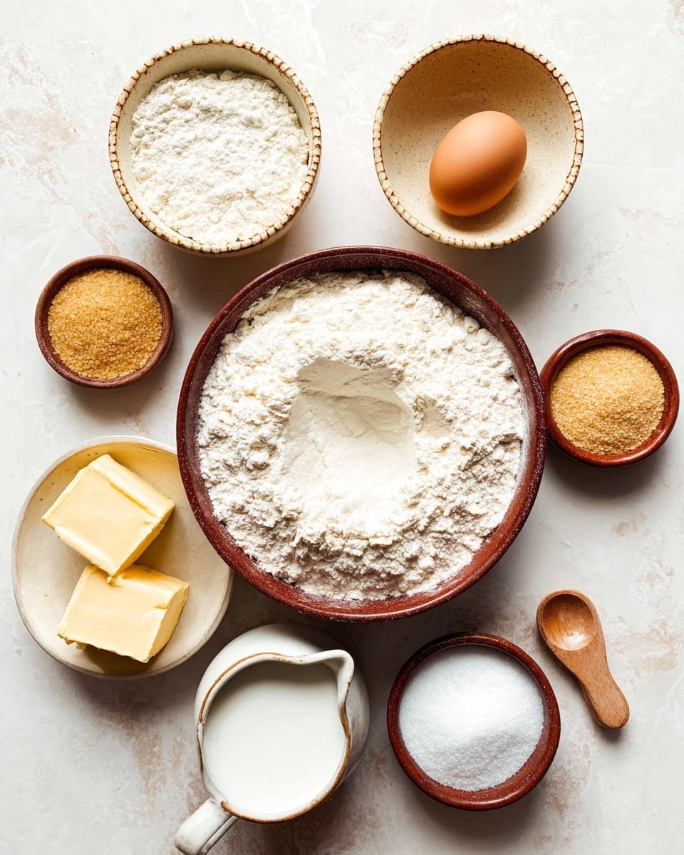 A top view of a group of baking ingredients arranged on a white marbled surface. In the center, there is a large brown bowl filled with white flour, which has a small dip in the middle. Above it, an egg rests in a beige bowl with a textured rim. To the left of the egg, a very small beige bowl holds dry yeast. Next to that, a small brown bowl contains coarse white salt. Below the salt, a small cream-colored bowl has a square piece of pale yellow butter. Below the flour bowl, a small white pitcher holds milk. To the right of the flour, a small brown bowl contains golden brown sugar. Finally, on the far right, a small brown and white bowl holds white baking soda with a wooden spoon resting inside. All bowls and pitchers are arranged neatly and the scene has soft, natural lighting. photo taken with an iphone --ar 4:5 --v 7