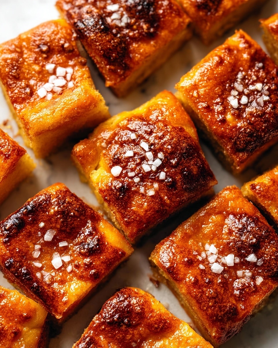A close-up view of several golden brown dough squares with a crispy, shiny surface arranged closely on a white marbled background. Each square is topped with coarse salt crystals, highlighting the textured, slightly blistered crust. The dough pieces have a rich amber color with darker browned spots, showing a well-baked, crunchy exterior and soft inside. The pieces are placed in an irregular pattern, filling the frame with warm, inviting tones. photo taken with an iphone --ar 4:5 --v 7