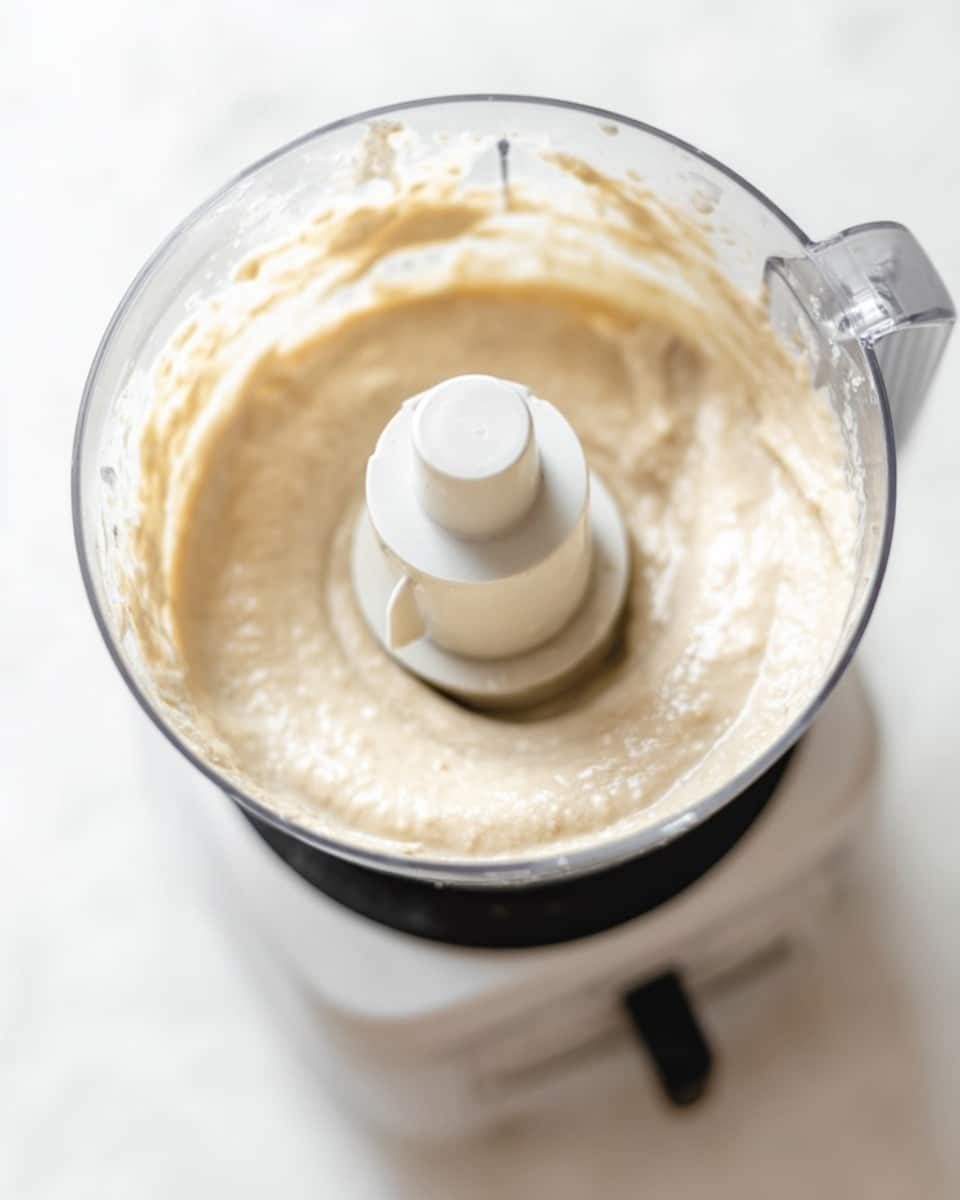 A close-up image of a food processor filled with a creamy light beige mixture. The mixture has a smooth texture and fills most of the clear container's upper portion. The white central blade holder is visible, partially covered by the mixture. The base of the food processor is white and shiny, placed on a white marbled surface. The soft light creates subtle highlights on the container and the mixture, adding depth to the image. photo taken with an iphone --ar 4:5 --v 7
