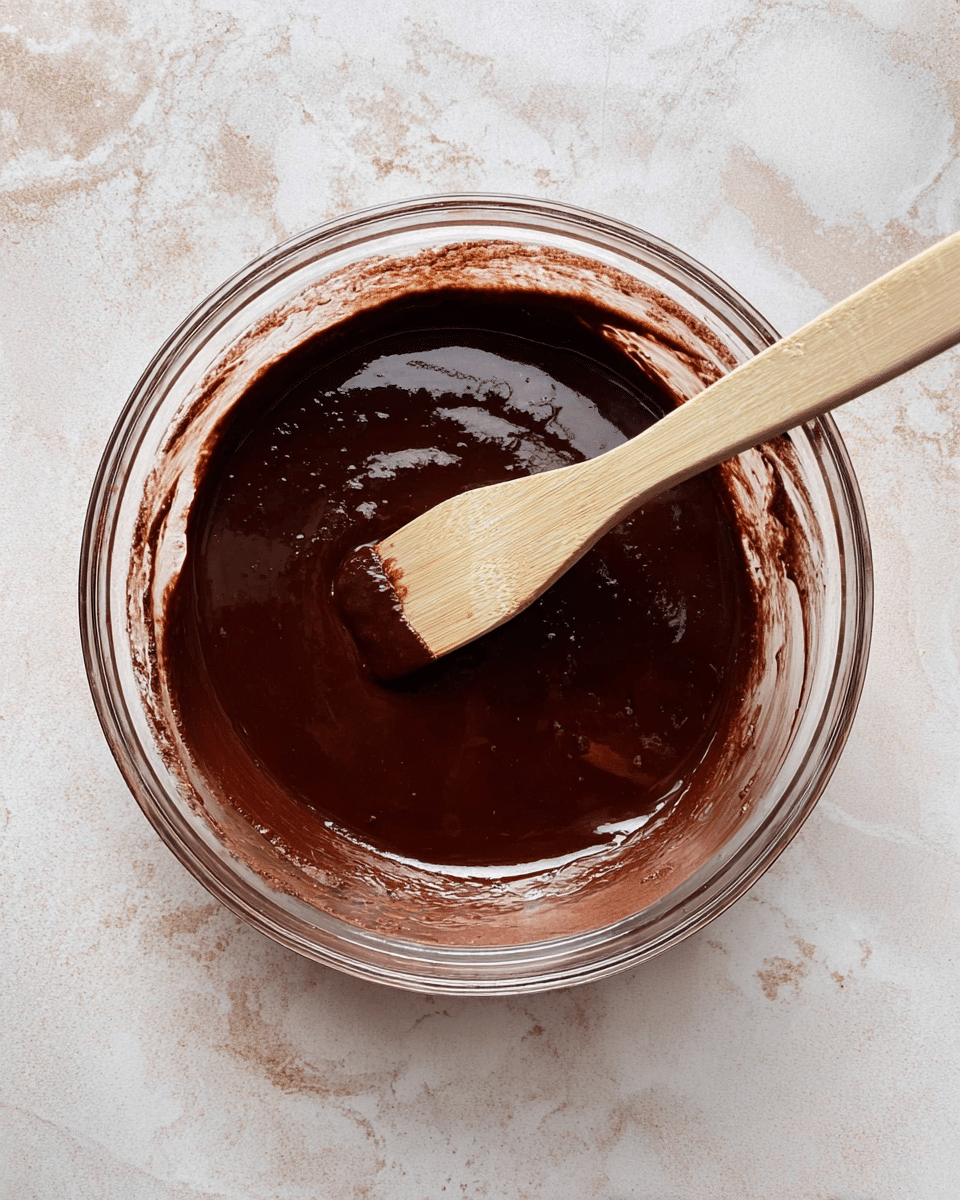 A clear glass bowl holds a single dark brown, smooth and shiny mixture of chocolate batter. Inside the bowl, a wooden spatula with traces of the batter on its pale tip and handle rests diagonally across the surface. The bowl sits on a white marbled texture. photo taken with an iphone --ar 4:5 --v 7