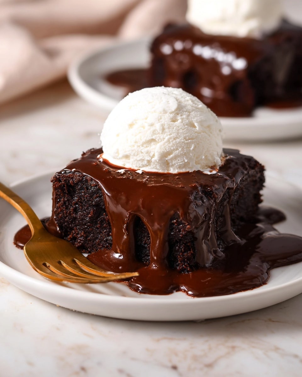 A square piece of rich dark chocolate cake stands on a white plate, covered in thick, shiny chocolate sauce that drips down the sides. On top of the cake sits a round scoop of smooth white ice cream, creating a pleasing contrast against the dark chocolate. A golden fork lies next to the cake on the edge of the plate. In the background, a second similar plate with the same dessert is slightly blurred. The scene is set on a white marbled surface. photo taken with an iphone --ar 4:5 --v 7