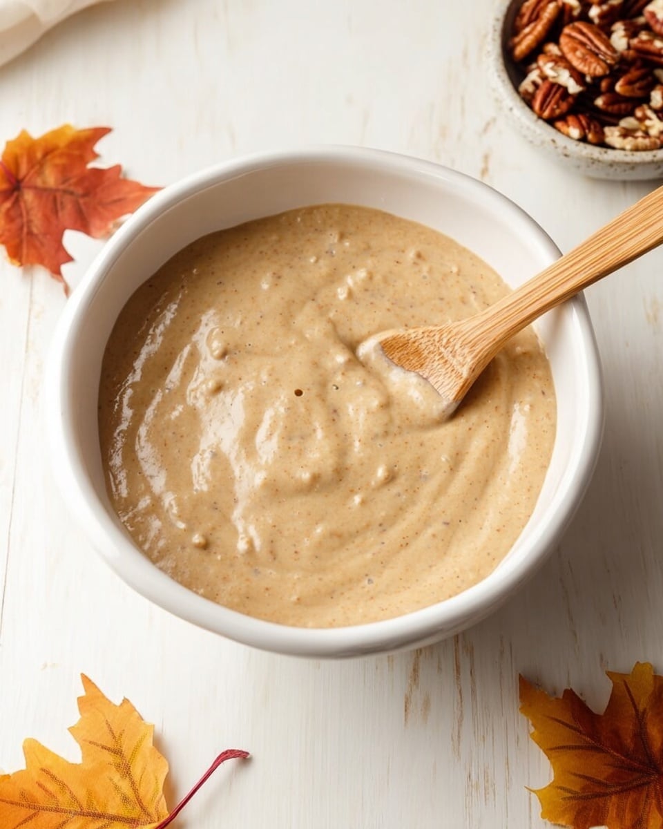 A white bowl filled with light brown thick batter that has small lumps and a smooth, creamy texture. A light wooden spoon rests inside the bowl, partially covered by the batter. The bowl is placed on a white marbled surface with a few scattered autumn leaves nearby and a small dish of pecans in the background. Photo taken with an iphone --ar 4:5 --v 7