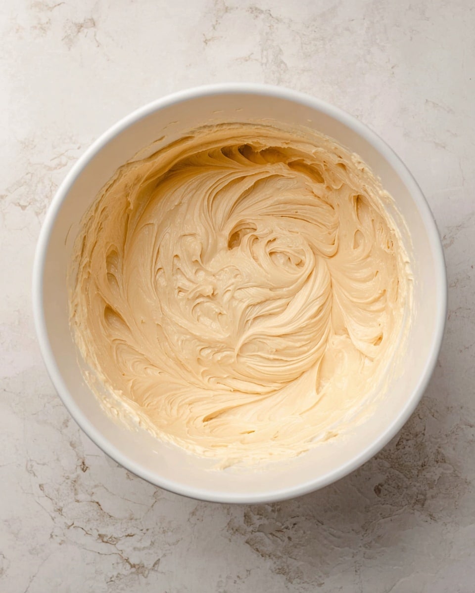 A white mixing bowl filled with a smooth, creamy light beige batter with visible soft swirls and peaks, showing a thick and fluffy texture; the bowl is placed on a white marbled surface that adds subtle gray patterns and texture around it, making the batter the main focus of the image photo taken with an iphone --ar 4:5 --v 7