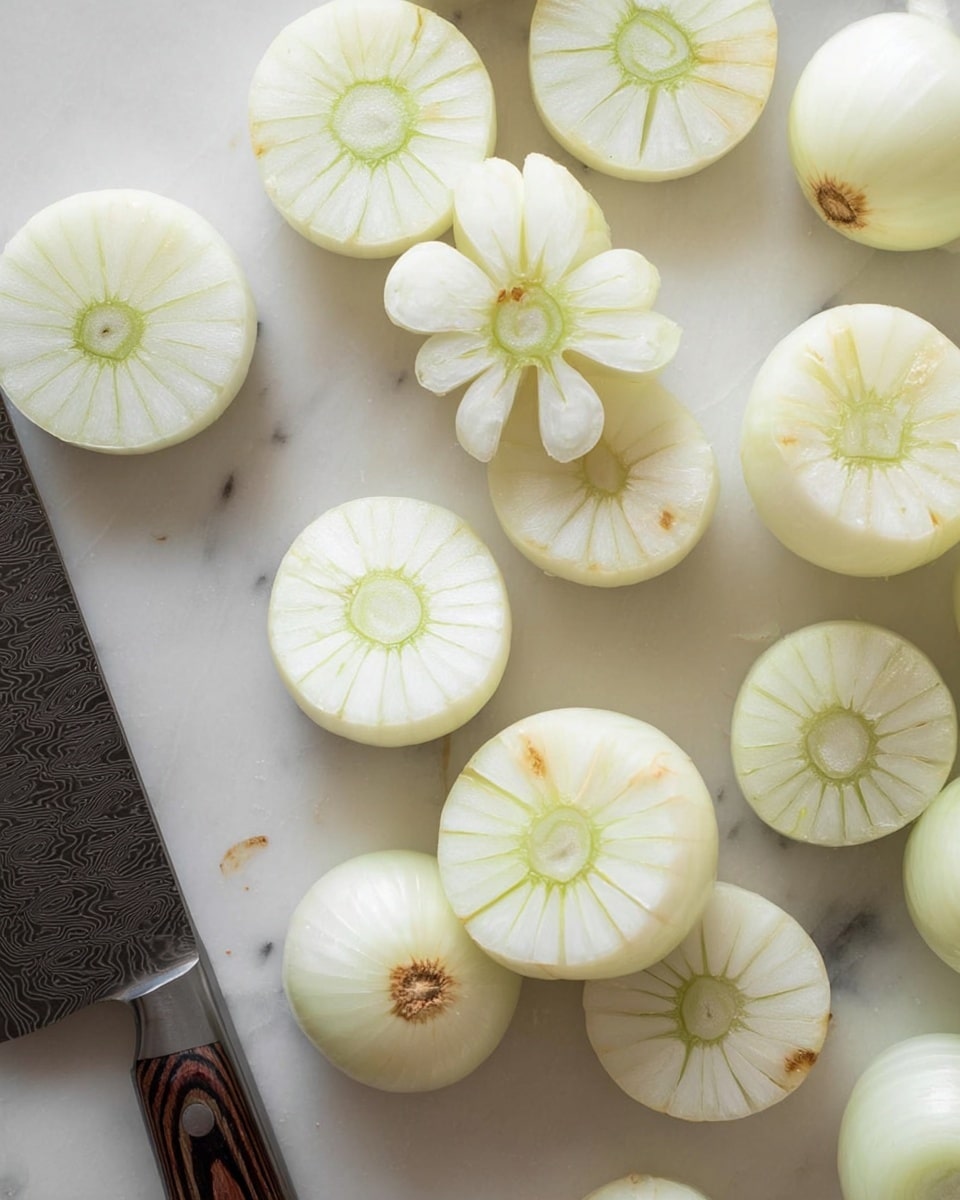 The image shows many slices of white onions placed on a white marbled surface. Most onion slices are circular with visible layers and light green centers, while two onions near the top are cut in a flower-like shape with sections still connected. To the left side of the image, there is a dark knife with a patterned blade resting on the same white marbled surface. The overall colors are soft whites and light greens with some brown spots on a few onion skins. Photo taken with an iphone --ar 4:5 --v 7