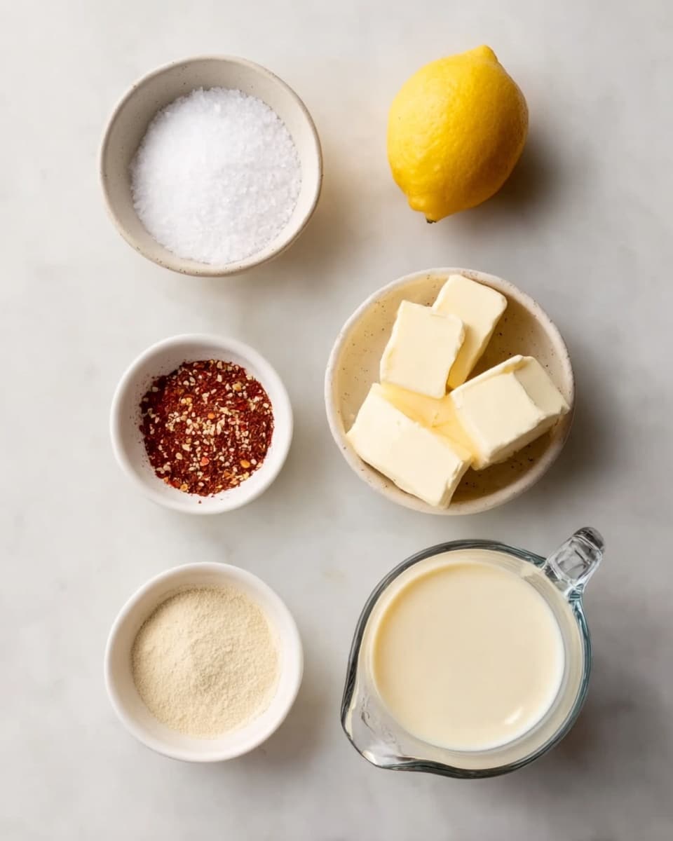 A top-down view shows six small white bowls and a clear glass measuring jug arranged neatly on a white marbled surface. The top left has a small white bowl filled halfway with white coarse salt, next to a whole yellow lemon to the right. Below the salt bowl is a small white bowl with a reddish spice blend with seeds and flakes. To the right of this is a slightly larger white bowl holding four solid blocks of pale yellow butter. Below the spice blend bowl sits a small white bowl filled with a light beige powder. Lastly, at the bottom right of the image is a clear glass jug filled with creamy white liquid, its handle angled toward the right. The bowls and jug are evenly spaced and arranged symmetrically, creating a clean, simple, and organized look. Photo taken with an iphone --ar 4:5 --v 7