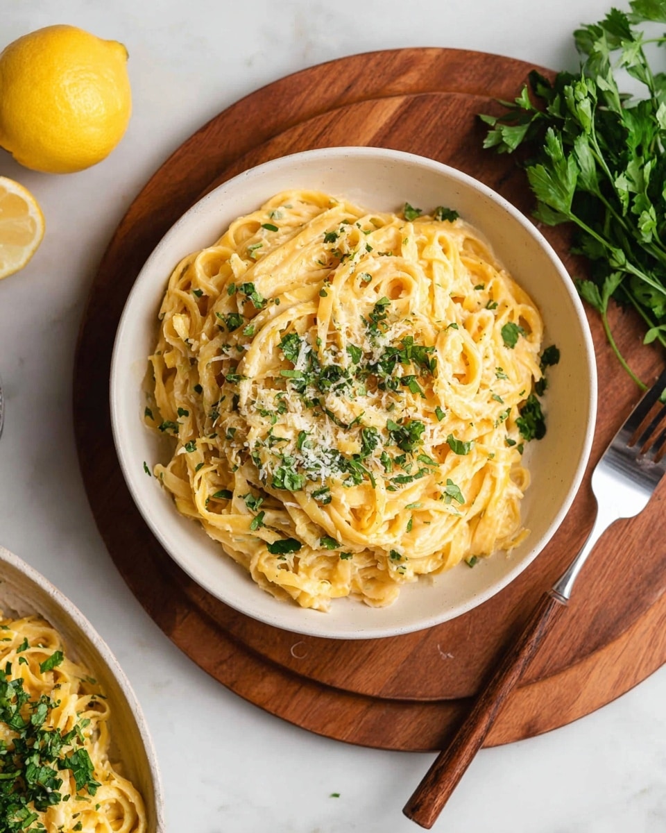 A white bowl filled with creamy yellow pasta noodles mixed with sauce, topped with small green chopped herbs and light grated cheese. On the left side of the bowl, a lemon half and a bunch of small green leaves rest together. The bowl sits on a round wooden board over a white marbled surface. Next to the bowl on the right, a fork with a silver tip and brown handle lies flat. In the bottom left corner is part of a white bowl showing more yellow pasta with green herbs on top. A bunch of fresh green herbs appears at the top right corner. Photo taken with an iphone --ar 4:5 --v 7