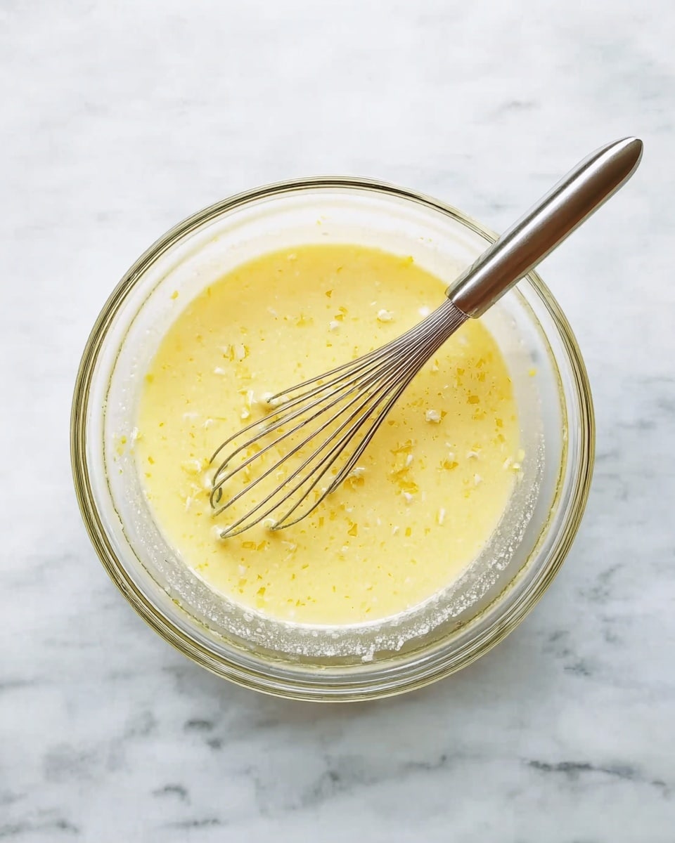 A clear glass bowl holds a light yellow mixture with small chunks throughout, giving it a textured look. Inside the bowl, a shiny silver whisk rests, its handle pointing toward the bottom right corner of the image. The bowl sits on a white marbled surface, creating a clean and bright background. photo taken with an iphone --ar 4:5 --v 7