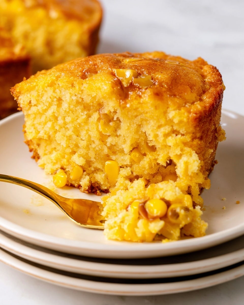 A thick slice of golden yellow cornbread with whole corn kernels mixed inside sits on a stack of white plates against a white marbled surface. The cornbread has a slightly browned top layer, textured and crumbly, with a soft, moist inside where the corn kernels are clearly visible. A gold fork is partially inserted into the lower portion of the slice, breaking off a piece of the cornbread that looks tender and fluffy. The overall color palette is warm with golden yellows and light browns, showcasing the crunchy top and soft middle layers. Photo taken with an iphone --ar 4:5 --v 7