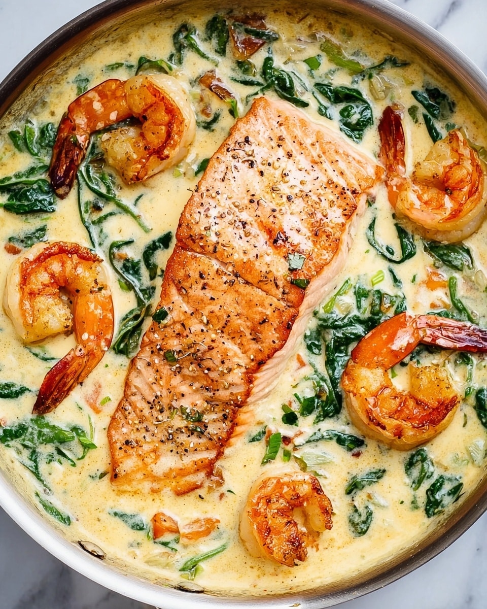 A close-up top view of a creamy dish in a silver pan, showing a large, soft pink salmon piece in the center with light grill marks and black pepper on top. Surrounding the salmon are six cooked shrimp, orange and slightly browned with their tails still attached. The creamy sauce is pale yellow with small green leafy spinach pieces mixed in, giving the dish a fresh look. The sauce has a smooth, slightly thick texture, coating the seafood and greens evenly. The pan sits on a white marbled surface. photo taken with an iphone --ar 4:5 --v 7