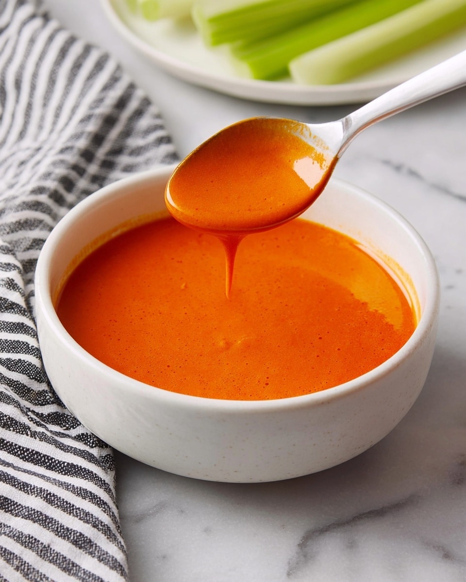A white ceramic bowl filled with smooth, shiny, bright orange sauce sits on a white marbled surface. A spoon with a white handle is held above the bowl, showing thick sauce dripping slightly from the spoon’s edge and coating it in the same bright orange color. In the background, a white plate holds light green celery sticks, adding a fresh contrast. A striped cloth with black and white lines rests near the bowl. The scene is clean and simple, focusing on the rich texture and bright color of the sauce. Photo taken with an iphone --ar 4:5 --v 7