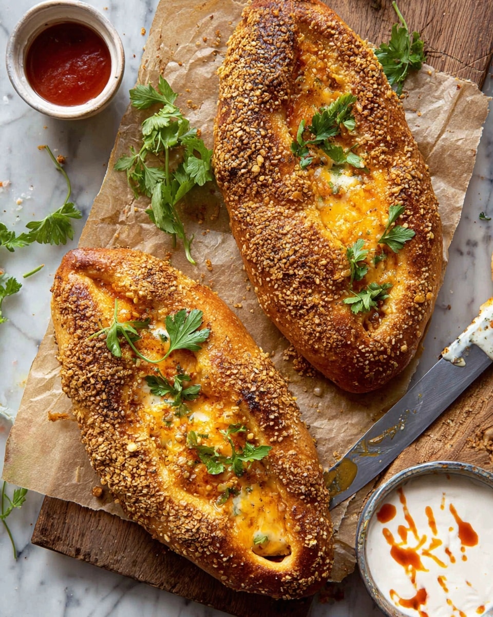 Two oval-shaped stuffed breads are placed side by side on a piece of parchment paper over a wooden table. Each bread has a golden-brown crust covered with a crunchy topping of crumbs and sesame seeds. The bread is filled with a melted orange cheese mixed with some green herbs, with slight cheese oozing out in places. Fresh green parsley leaves are used as garnish on top of both breads. A small white bowl of red sauce sits near the breads, and a white bowl with a creamy white sauce drizzled with red sauce is partially visible at the bottom right, next to a knife with bits of red sauce on the blade. The background surface is a white marbled texture. Photo taken with an iphone --ar 4:5 --v 7