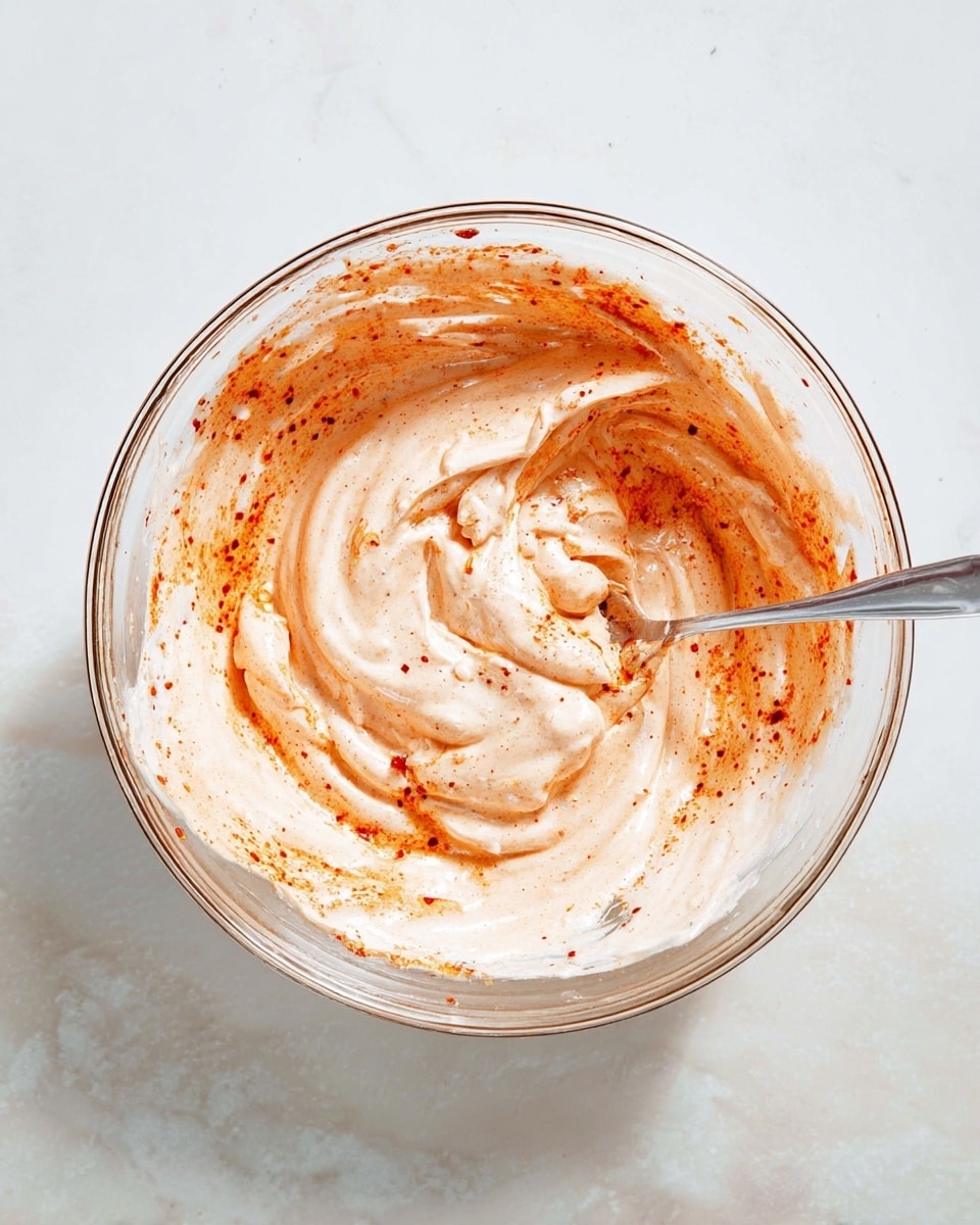 A clear glass bowl filled with a creamy mixture of white and light orange swirls, showing a soft, smooth texture with some specks of red seasoning scattered throughout. The mixture is being stirred by a metal spoon placed inside the bowl at a slight angle, with some of the reddish seasoning clinging to the edges of the bowl. The bowl is set on a white marbled surface, giving a clean and bright background to the scene. photo taken with an iphone --ar 4:5 --v 7