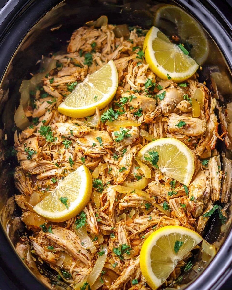 The image shows shredded cooked chicken with golden brown skin mixed with light yellow cooked onion strips and small green chopped herbs scattered on top. There are several bright yellow lemon wedges placed evenly across the dish. The food is inside a shiny black slow cooker, creating a contrast with the warm tones of the chicken and the fresh lemon and herbs. The texture looks tender and juicy with some pieces browned and slightly crispy. Photo taken with an iphone --ar 4:5 --v 7