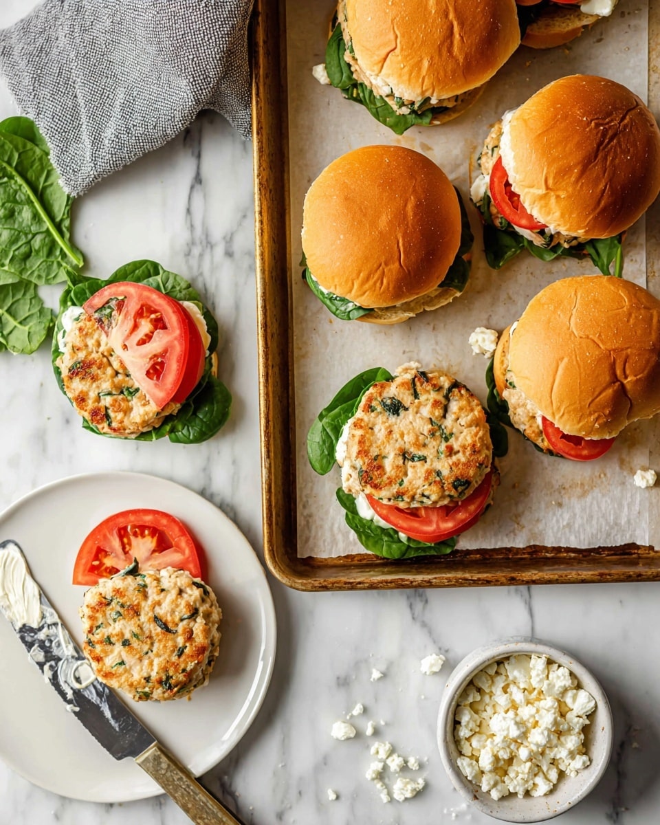 The image shows three chicken patties with spinach on a white plate at the top right. On a baking tray covered with parchment paper, there are three chicken spinach sandwiches made with golden brown buns. Each sandwich has three layers visible from the side: fresh green spinach leaves at the bottom, a light-colored chicken patty with green spinach pieces in the middle, and bright red tomato slices below the top bun. Crumbled white cheese pieces are scattered around the tray and a small bowl with white crumbled cheese is visible at the bottom right. A silver knife with some white spread on it lies on the tray's left side. The background is a white marble surface with a folded gray cloth on the top left. Photo taken with an iphone --ar 4:5 --v 7