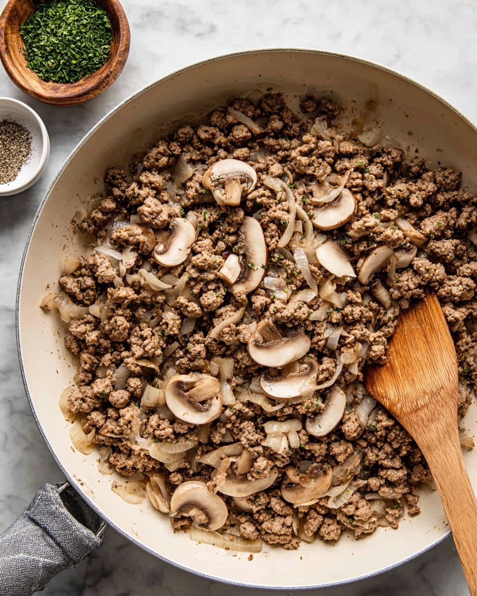 A white pan filled with cooked ground meat mixed with thinly sliced mushrooms and small chopped onions, all evenly spread across the pan's surface. The meat is brown with a crumbly texture, while the mushrooms have a soft, light brown color with some darker edges. Small pieces of translucent cooked onions are scattered throughout. A wooden spatula rests inside the pan on the right side. In the top left corner, a wooden bowl with green chopped herbs and a white bowl with cracked pepper are partially visible, placed on a white marbled surface. Photo taken with an iphone --ar 4:5 --v 7