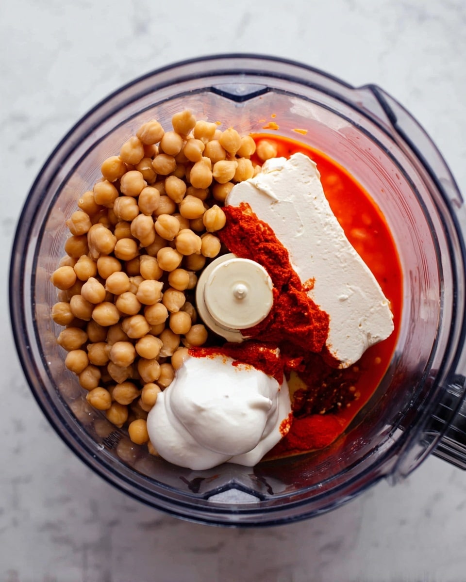 Inside a transparent food processor bowl, there are four main layers: on the left is a large pile of light brown chickpeas, to the right of them is a pool of bright red sauce covering the bottom; on top of the sauce is a big white block of cream cheese with some red sauce on its edge; above the chickpeas are two dollops of thick white yogurt. The bowl sits on a white marbled surface. photo taken with an iphone --ar 4:5 --v 7