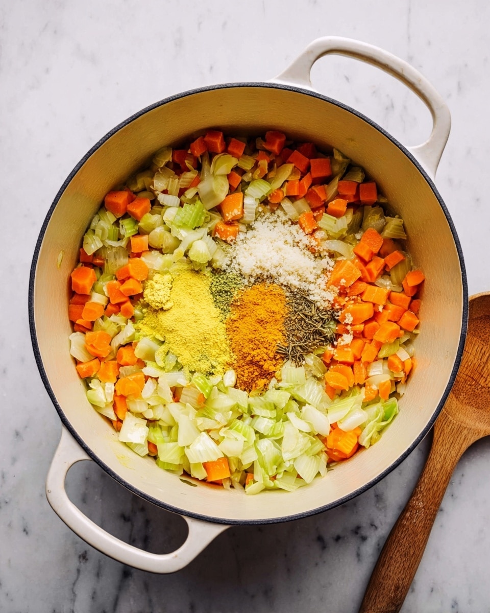 A large white pot with two side handles sits on a white marbled surface. Inside the pot, there is a mix of chopped vegetables, including orange carrots, light green celery, and white onions, spread evenly around the bottom. In the center, there are layered piles of spices and grated ginger: a bright yellow powder, a darker brownish seasoning, white granules, and a small heap of pale yellow grated ginger. To the right of the pot on the marble surface, there is a wooden spoon resting flat. The whole scene is brightly lit, showing the textures and colors clearly. photo taken with an iphone --ar 4:5 --v 7