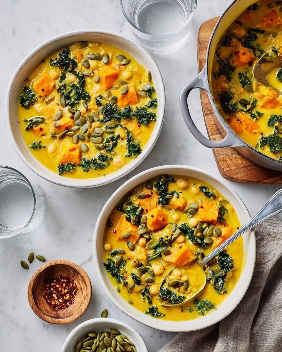 Two white bowls filled with thick yellow soup containing pieces of orange sweet potato, light beige chickpeas, dark green kale, and green pumpkin seeds scattered on top. One bowl has a silver spoon partially inside. Next to the bowls is a small white bowl with green pumpkin seeds and a light gray pot with more soup and a ladle inside. Everything is on a white marbled surface with a glass of water and a wooden board holding a small bowl of red chili flakes visible. Photo taken with an iphone --ar 4:5 --v 7