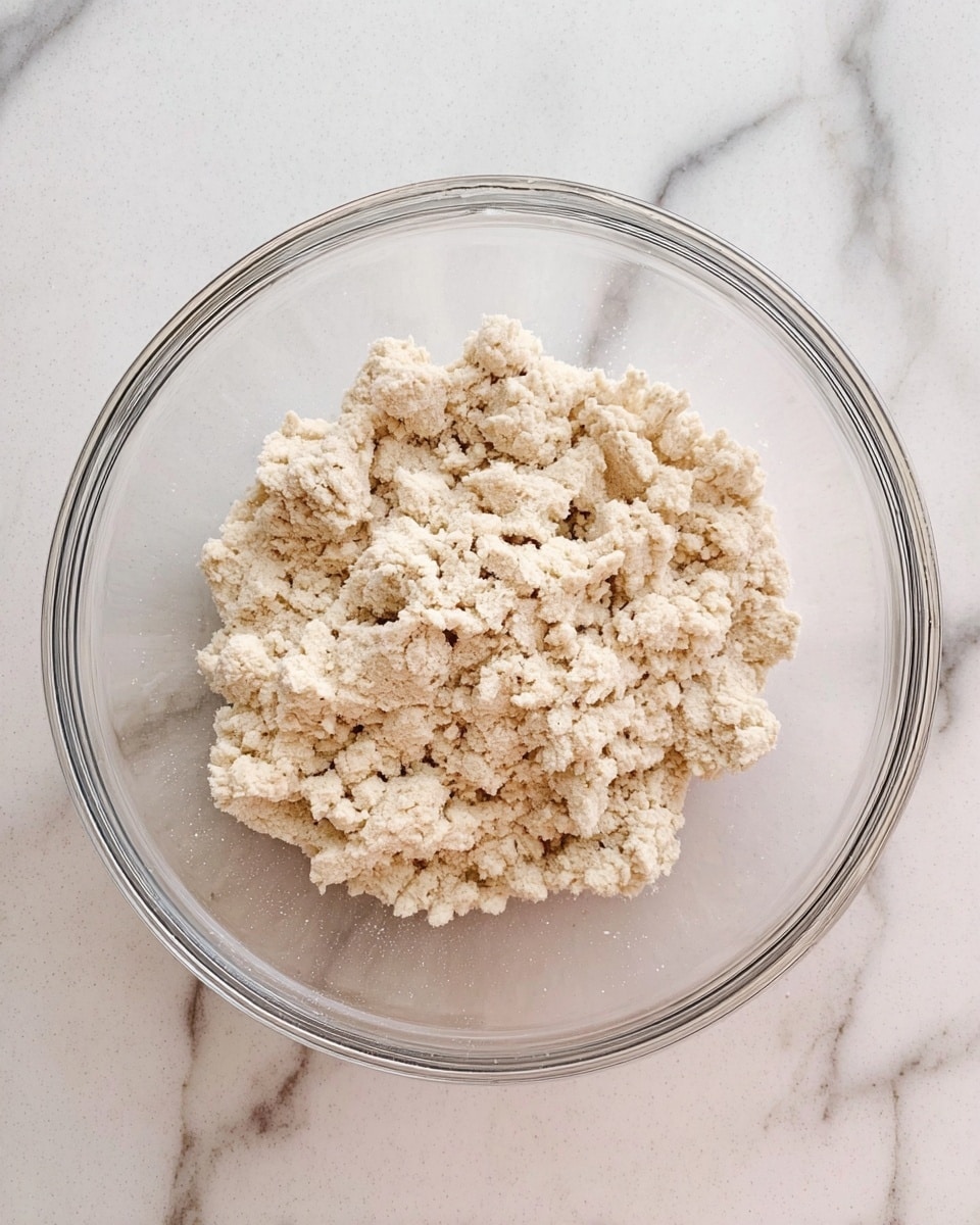A clear glass bowl sits in the middle of a white marbled surface, filled with a rough, crumbly mixture that is pale beige in color. The mixture has a dry, grainy texture with small clumps unevenly distributed inside the bowl. The bowl is round and transparent, showing the mixture from all sides. Photo taken with an iphone --ar 4:5 --v 7