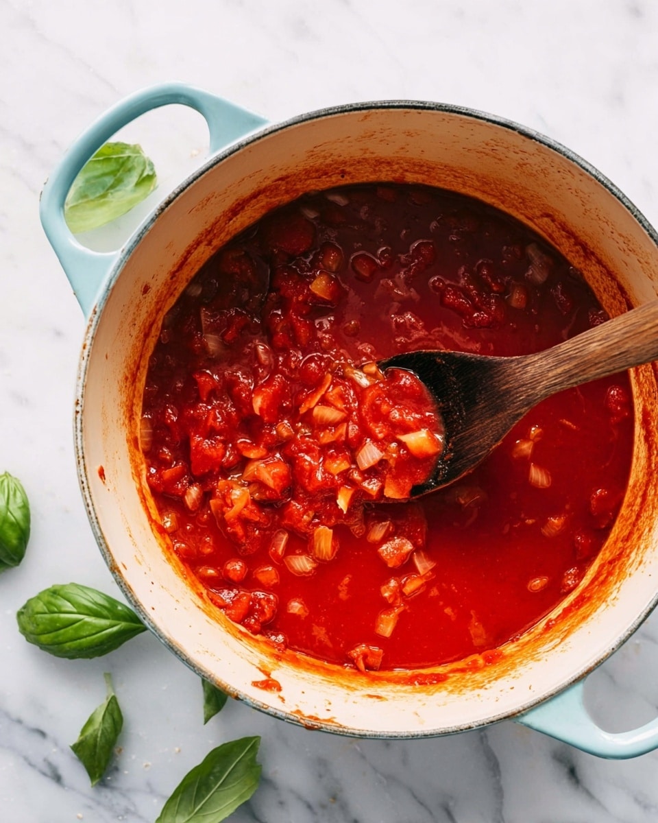 A light blue pot filled with bright red tomato sauce mixed with small, soft chunks of tomatoes and bits of onion sits on a white marbled surface. A dark wooden spoon is stirring the sauce, lifting a portion that shows a mix of chunky tomato pieces and translucent onion throughout the thick red liquid. Around the pot on the marble are scattered fresh green basil leaves, adding a fresh touch to the scene. The pot's interior is cream-colored with light orange sauce stains along the sides, highlighting the cooking process. photo taken with an iphone --ar 4:5 --v 7