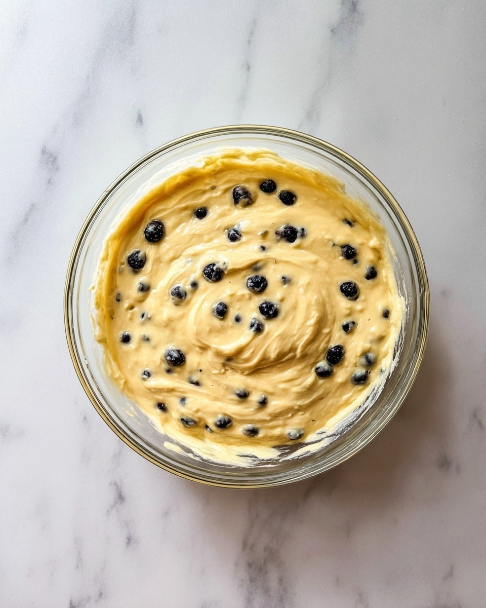 A clear glass bowl sits on a white marbled surface, filled with one layer of thick, creamy light yellow batter speckled evenly with small dark blueberries spread throughout. The batter has a smooth and slightly swirled texture, with some blueberries more visible on top. photo taken with an iphone --ar 4:5 --v 7