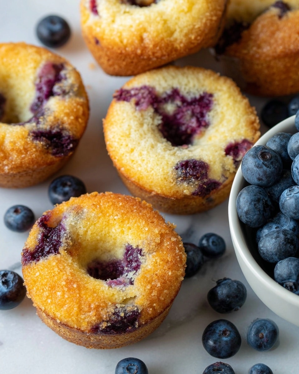 The image shows several small, round blueberry muffins with a golden-brown, slightly crispy top and a soft, light yellow inside dotted with dark purple blueberry spots. The muffins have a donut-like hole in the center. Around and under the muffins are scattered fresh dark blue blueberries with smooth skin. On the right side, there is a white bowl filled with fresh blueberries. The muffins and berries rest on a white marbled surface. photo taken with an iphone --ar 4:5 --v 7