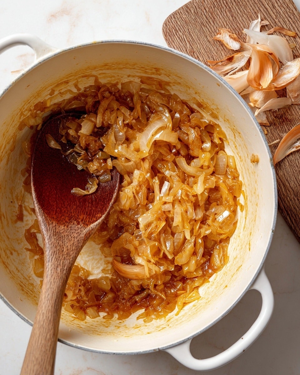 Inside a white pot, there is a single layer of cooked onions that are golden brown and soft, slightly caramelized with a shiny, oily texture. A wooden spoon sits in the pot, partly covered by the onions, showing some onions resting on it. To the upper right, a wooden board holds some thinly peeled layers of onion skin. The scene is set on a white marbled surface. photo taken with an iphone --ar 4:5 --v 7
