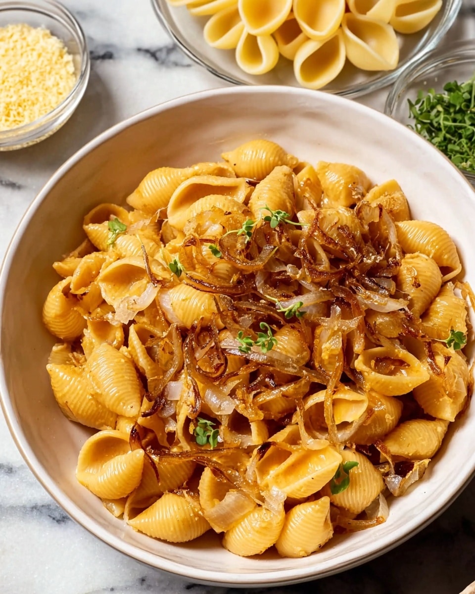 A white bowl filled with shell pasta covered in a light orange sauce, topped with thinly sliced caramelized onions that are golden brown and slightly crispy around the edges, and small fresh green herb sprigs scattered on top for color contrast. In the background, a glass bowl contains a light yellow grated ingredient, and uncooked pasta shells rest on a white marbled surface. photo taken with an iphone --ar 4:5 --v 7