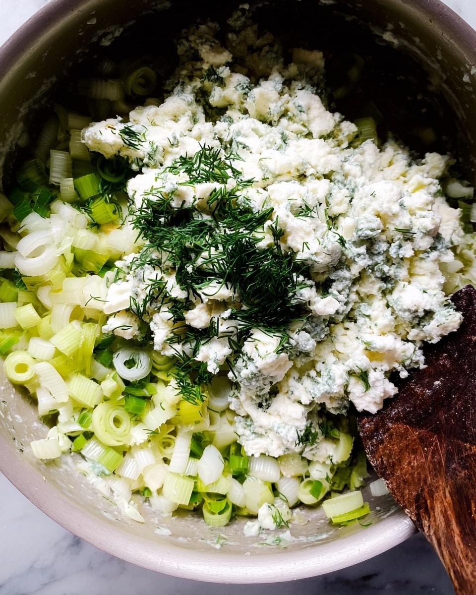 The image shows a close-up of a cooking pan containing two main layers. The bottom layer is made up of chopped pale green and white rings of cooked leeks, soft and slightly translucent in appearance. On top of this lies a thick layer of crumbly white cheese mixed with finely chopped fresh green herbs, likely dill, which is spread unevenly. A wooden spoon with a dark grain texture rests on the right side among the ingredients. The pan sits on a white marbled surface. Photo taken with an iphone --ar 4:5 --v 7