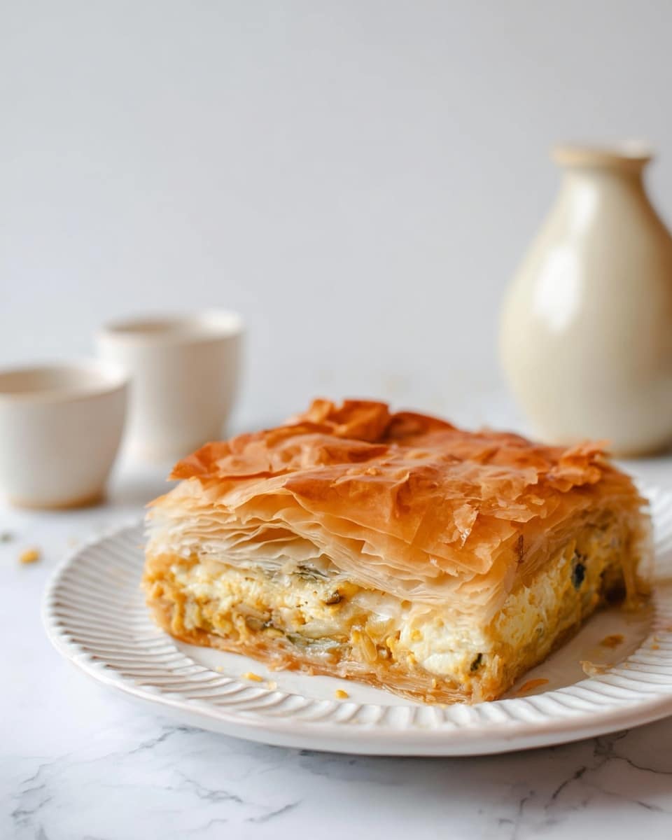 A square piece of golden brown layered pastry sits on a white plate with delicate ridges. The top layer is crispy and flaky with a slightly uneven texture, showing folds and cracks. Below the top layer, several softer layers of light golden dough are visible, enclosing a thick filling filled with white, yellow, and green bits that look creamy and soft. The white plate rests on a white marbled surface, with a blurred cream-colored bottle and two small matching cups in the background. Photo taken with an iphone --ar 4:5 --v 7