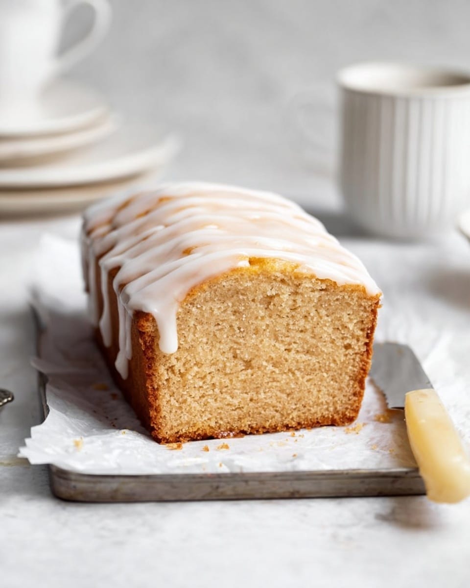 A close-up view of a loaf cake with one slice cut, showing a light brown, soft, and moist texture inside. The cake loaf has a thick, white icing layer dripping slightly over the top edges, forming uneven lines. It sits on white parchment paper on a light gray metal tray. To the right side of the cake, a knife with a beige handle rests on the tray. In the background, blurred white dishes and a white ribbed cup are visible, all placed on a white marbled surface. Photo taken with an iphone --ar 4:5 --v 7