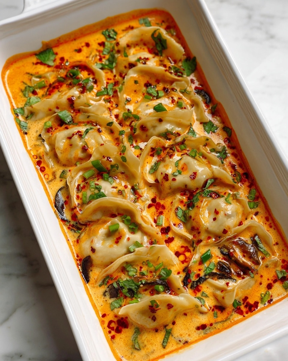 A white rectangular dish holds a single layer of dumplings partly submerged in a creamy orange sauce. The dumplings are pale yellow with soft, slightly wrinkled edges, arranged in neat rows filling the dish. The sauce is smooth with red chili oil drops creating a fiery contrast. Green herbs and chopped green onions are sprinkled evenly on top, adding pops of bright green. Small pieces of dark mushrooms peek through the sauce, giving texture. The dish rests on a white marbled surface. Photo taken with an iphone --ar 4:5 --v 7
