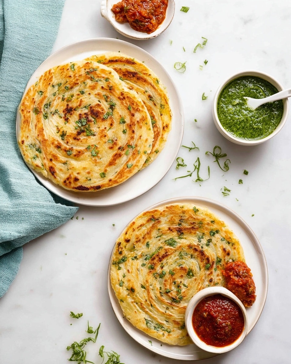 Two white plates each have two round, golden-brown flatbreads with green herb bits baked inside, showing a soft and slightly crispy texture with swirled patterns on top. The upper plate has two small mounds of chutney at the side, one green and one red, while the lower plate is plain but sprinkled with fresh green herbs. Next to them, there are two small white bowls; one filled with bright green chutney with a white spoon inside, and the other with chunky red chutney and a white spoon. The dishes are placed on a white marbled surface with light green herb pieces scattered around and a pale blue cloth on the left. Photo taken with an iphone --ar 4:5 --v 7