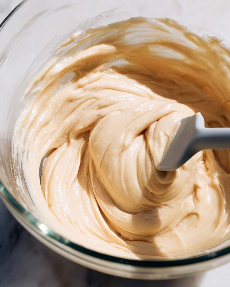 A close-up of smooth, creamy light beige batter being stirred with a grey spatula in a clear glass bowl. The batter has a thick and soft texture with visible swirls and folds created by the spatula’s movement, which is partially inserted angled from the right side. The scene captures the glossy surface of the batter, showing its soft yet dense consistency against the transparent bowl’s curved edges. The background is a white marbled surface. photo taken with an iphone --ar 4:5 --v 7