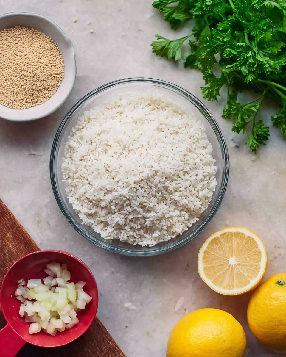 A clear glass bowl is filled with a single layer of white rice grains, showing a slightly rough texture. To the left, there is a small white bowl with light brown grains and next to it is a red measuring cup holding diced pale yellow onions. On the right side, two halves of a bright yellow lemon are placed on a white marbled surface along with a whole lemon below them. At the top right corner, there is a bunch of fresh green parsley placed on the white marbled surface. Photo taken with an iphone --ar 4:5 --v 7
