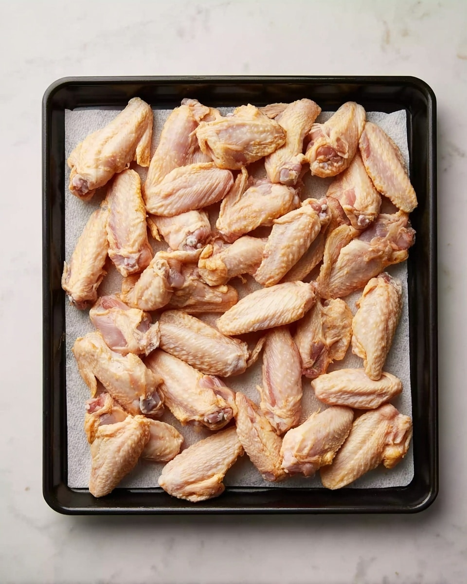 A black baking tray filled with many uncooked chicken wings spread out evenly in one layer. The wings are light pink with some skin and fat showing, and they rest on white paper towels that line the tray. The tray sits on a white marbled surface, which is smooth and clean. The wings vary slightly in size and shape but are all raw and ready to cook. photo taken with an iphone --ar 4:5 --v 7