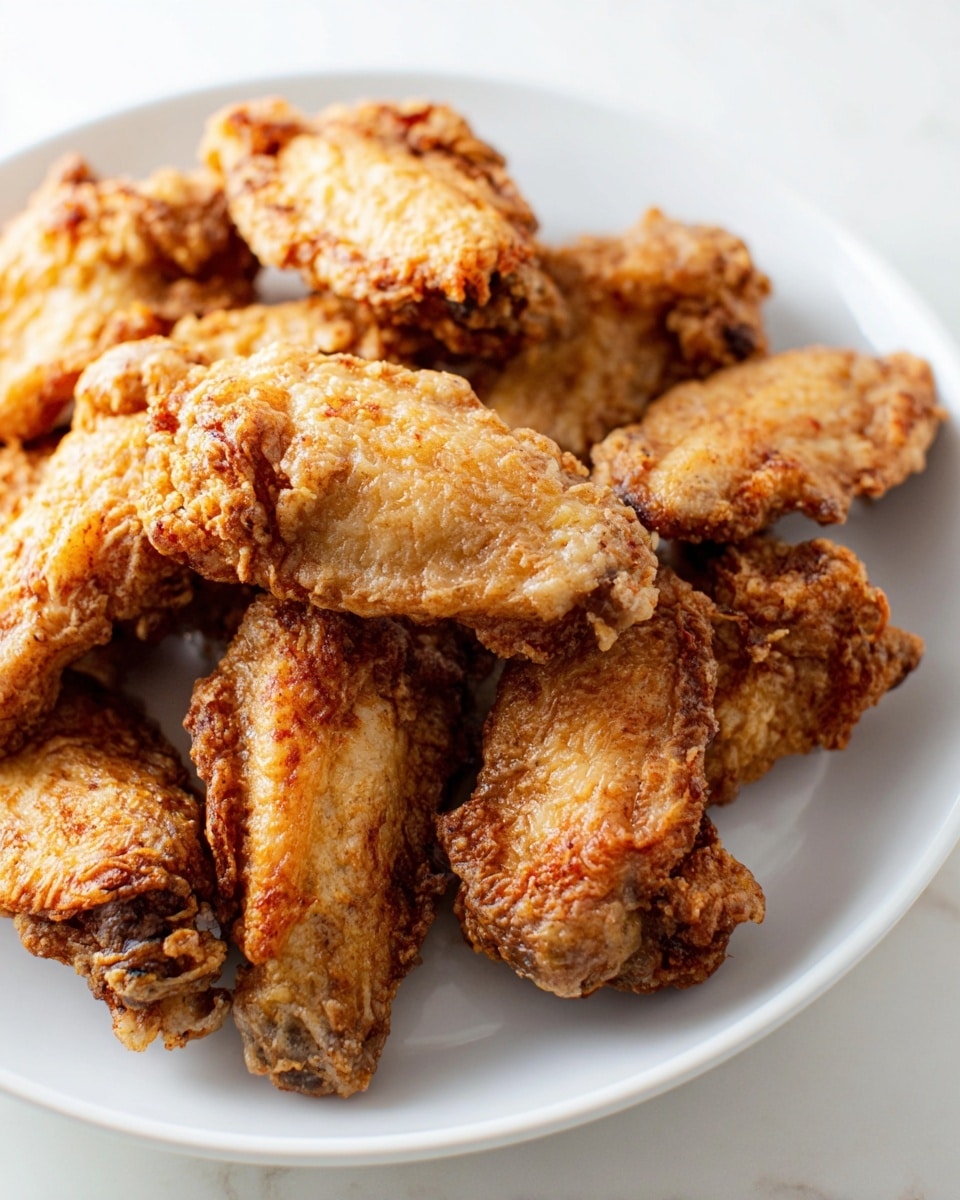 A white plate holds eight pieces of fried chicken wings, arranged closely in multiple layers. Each wing has a golden-brown, crispy, and textured outer coating that looks crunchy with some small bubbles and uneven roughness. The wings' shapes vary slightly, showing the uneven fried crust in browns and light tans. The plate sits on a white marbled surface with soft natural light that highlights the detailed texture of the fried wings. photo taken with an iphone --ar 4:5 --v 7