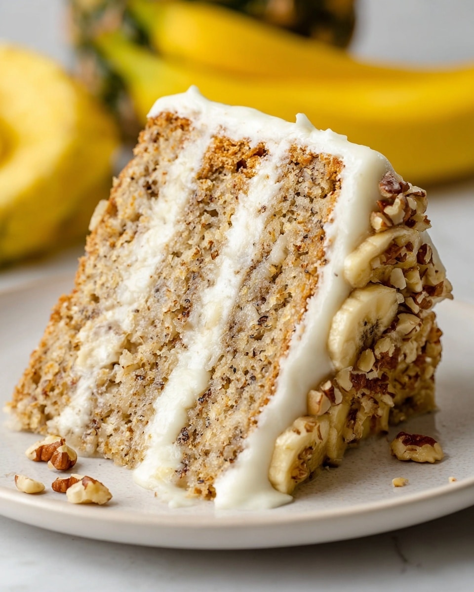 A slice of three-layer banana cake sits on a white plate, each layer showing a light brown, moist texture with bits of nuts and banana pieces inside. Between the layers, a creamy white frosting is thickly spread, soft and smooth, slightly melting into the cake. The outside of the cake is coated with the same white frosting and decorated with small chunks of nuts around the edges. The white marbled surface beneath the plate adds a clean, bright background that highlights the cake. In the blurred background, a pineapple and two yellow bananas are visible. Photo taken with an iphone --ar 4:5 --v 7